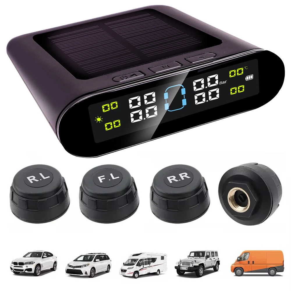 

Tire Pressure Monitoring System Temperature Warning Fuel Save With 4 External Sensors Solar TPMS Car Tyre Pressure Monitor