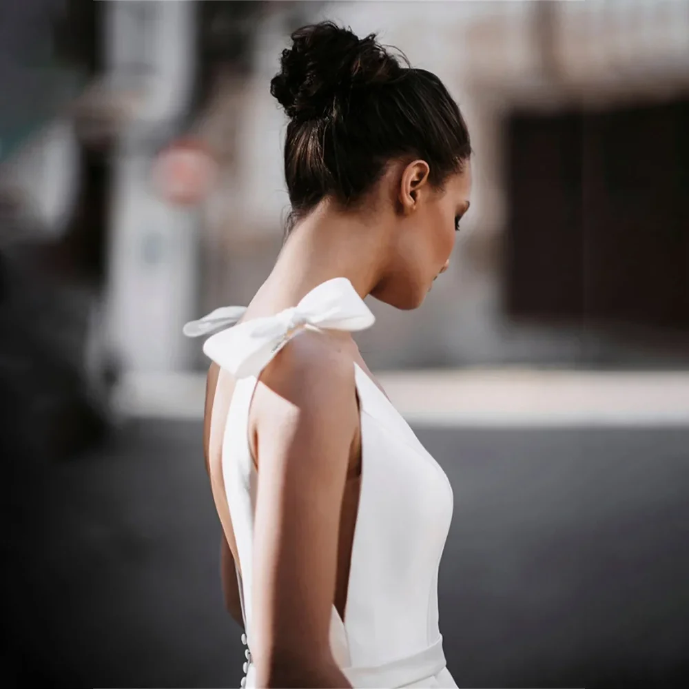 MANRUIXIN personnalisé une ligne robes De mariée Satin nœud papillon sans manches Robe De mariée col en v dos nu Robe De mariée robes De Noiva