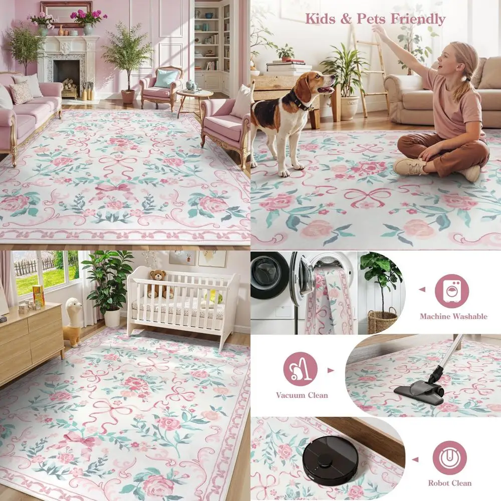Floral 8x10 Area Rugs for Living Room, Washable Non-Slip Bohemian Style Soft Decor Carpet