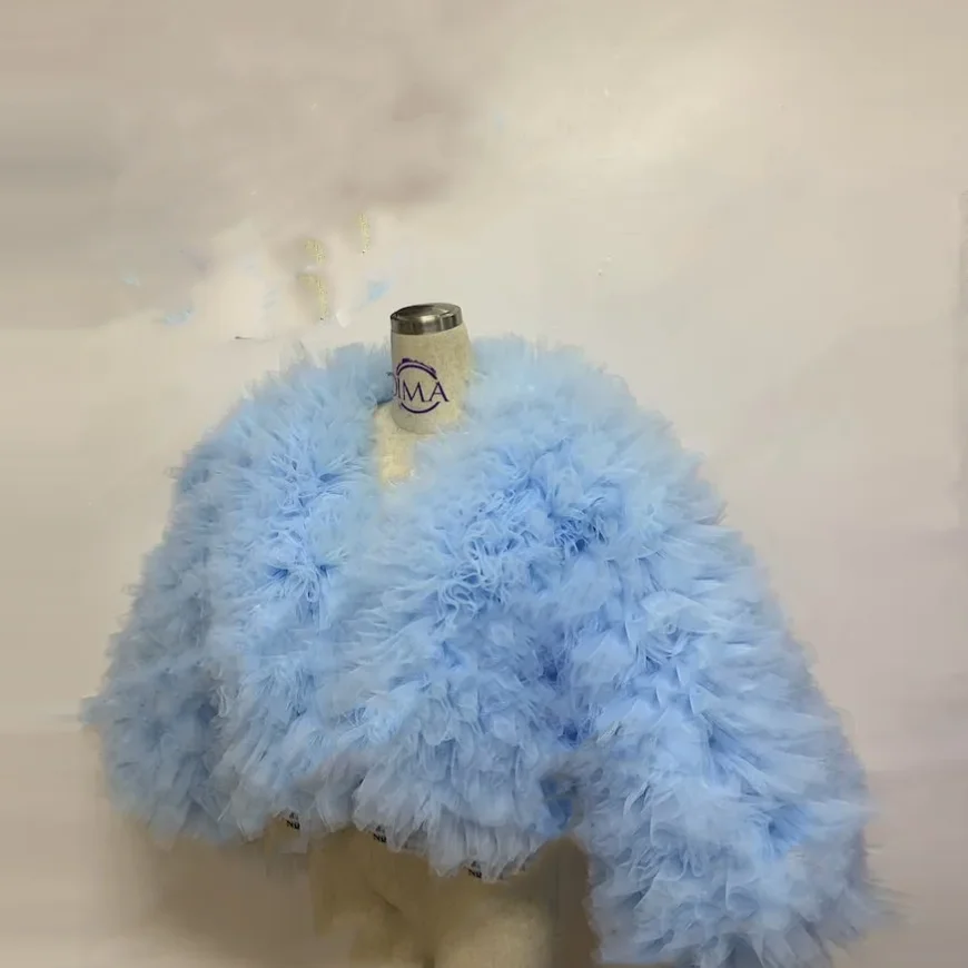 Fashion Female Tops Sky Blue Trendy Women Fluffy Blouse Tulle Women Jacket with Ruffle Sleeves