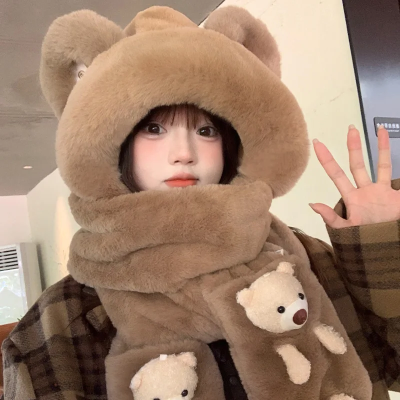 cute-bear-hat-scarf-set-women's-autumn-winter-plush-warm-triplet-hat-scarf-gloves-neck-warmer-soft-polyester-fiber