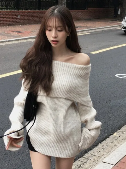 

Милый свободный вязаный свитер, женский свитер с колючками на одно плечо, высокий воротник, корейский повседневный удобный зимний модный свитер