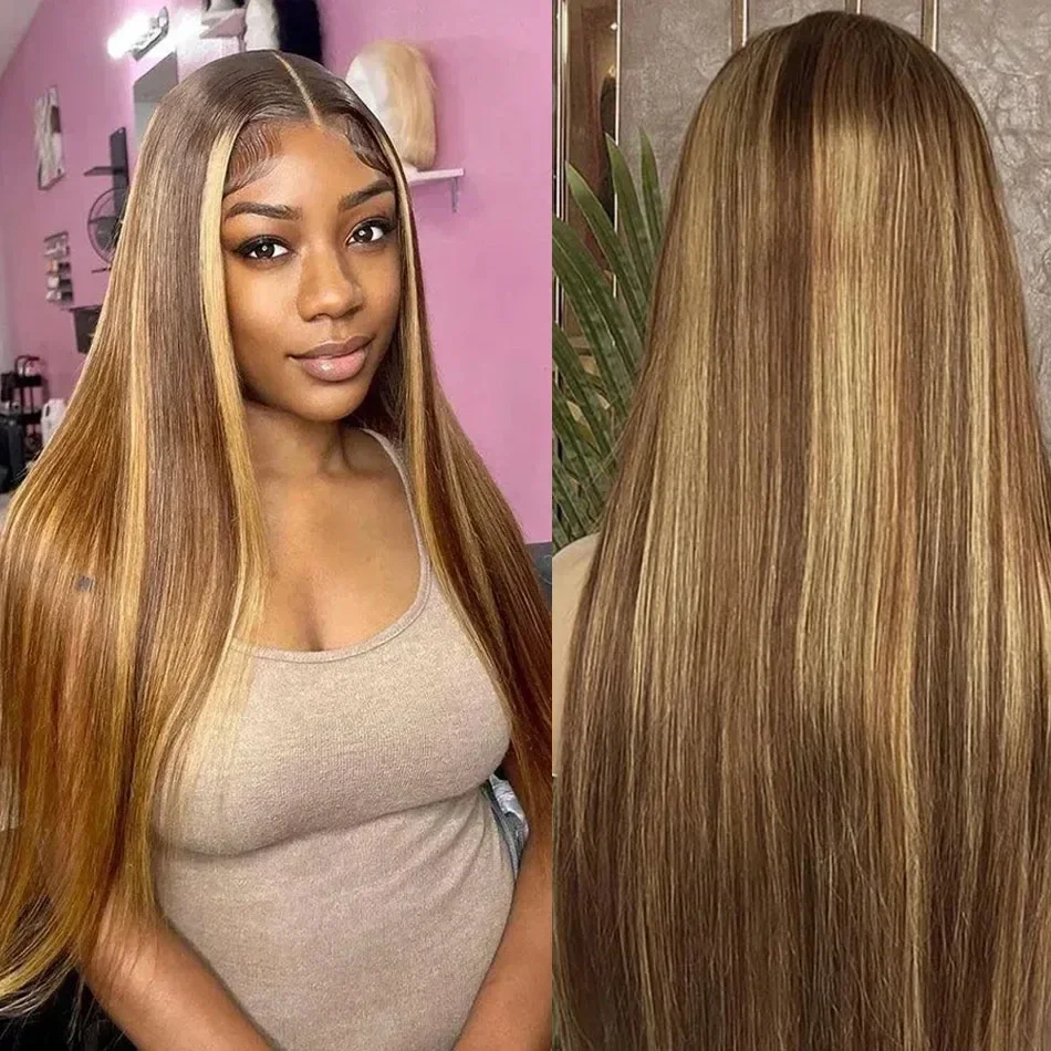 200% Density 4/27 Colored Highlight Bone Straight Lace Front Wig 13x6 HD Transparent Lace Front Human Hair Wigs For Women