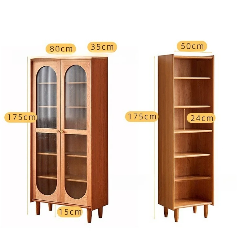 ตู้หนังสือไม้เนื้อแข็ง ตู้โชว์สไตล์ญี่ปุ่นสำหรับห้องนั่งเล่น ตู้เก็บของตั้งพื้นไม้เชอร์รี่พร้อมกระจก