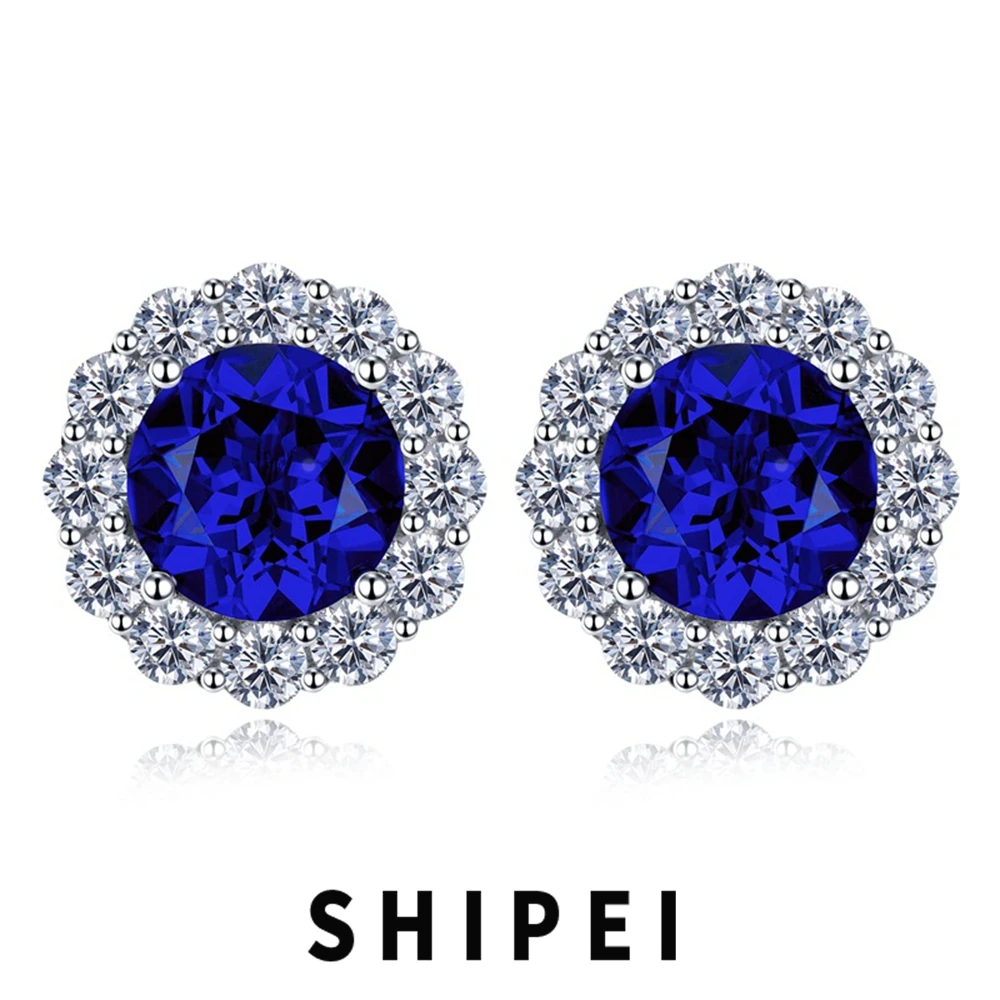 

SHIPEI Classic Solid 925 Sterling Silver Round Cut 8 MM Sapphire Gemstone Fine Jewelry for Women Ear Studs Earrings Wholesale