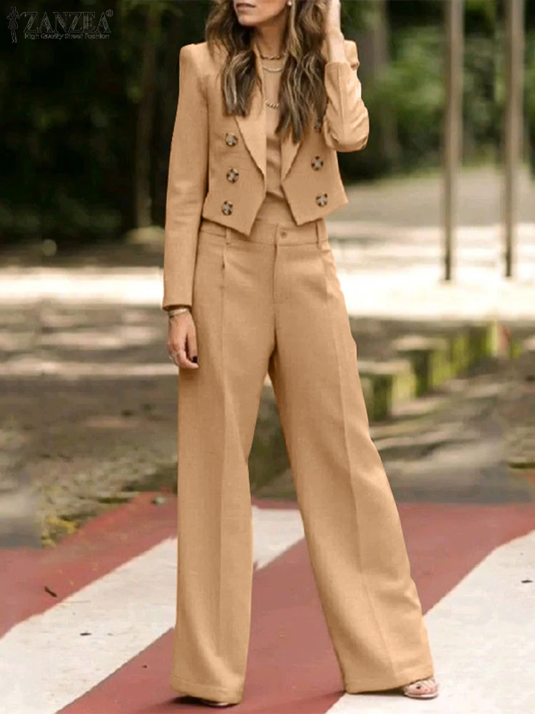 ZANZEA Elegant Solid Blazer Suits Fashion Streetwear Long Sleeve Blazer Wide Leg Trouser 2-Piece Sets Casual Women Pant Sets