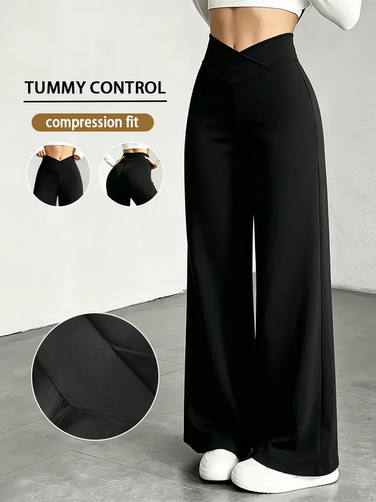 Schwarze Damen-Hose mit überkreuztem Bund und weitem Bein, hochtaillierte, bauchreduzierende, lässige Yogahose, mittlerer Stretchanteil, gerader Schnitt