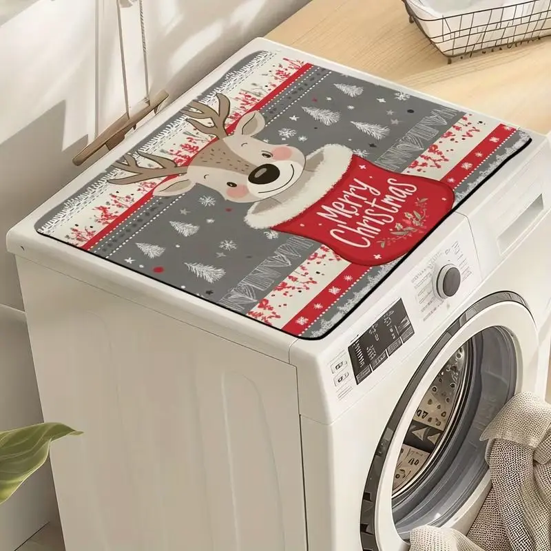 VIKAMA Cute Reindeer Christmas Hat Knitted Fair Isle Washing Machine Top Cover Mat Scandinavian Xmas Dustproof Washer Dryer Pad