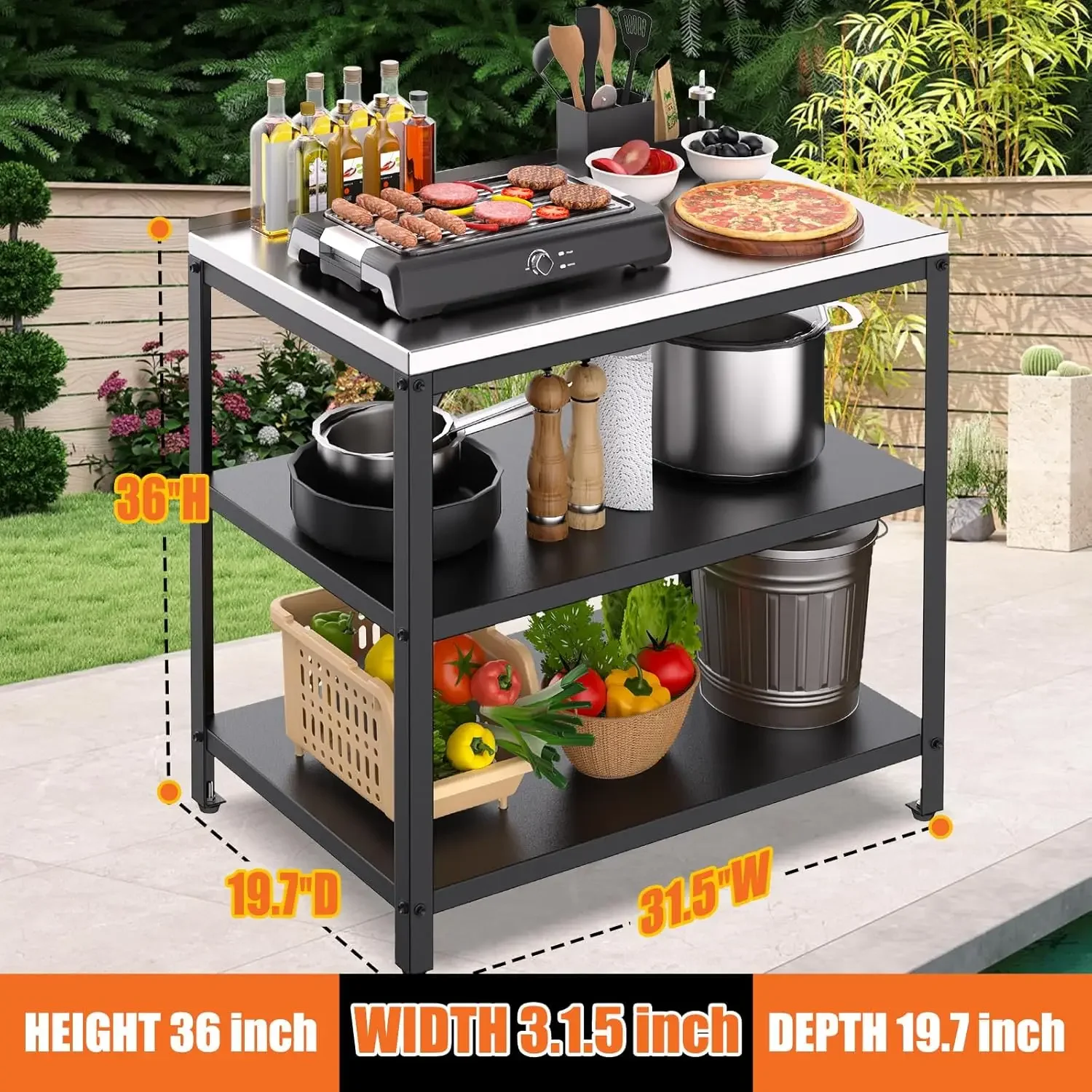 Stainless Steel Outdoor Prep Table, 3-Tier Heavy Duty Outdoor Grill & BBQ Prep Station, Rust-Resistant Utility Table for Patio,