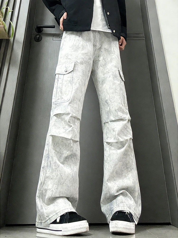 

White Dyed Wooden Workwear Jeans Men's Spring Autumn Low Waist Straight Leg Folded Cuff Denim Pants Trendy Street Sle