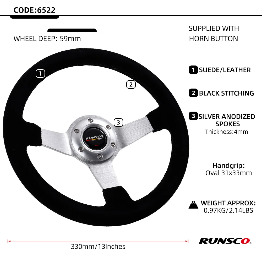 330mm 13Inch Steering Wheel Suede Leather Sport Drift Steering Wheel Aluminum Frame 6061-T6 70mm/PCD