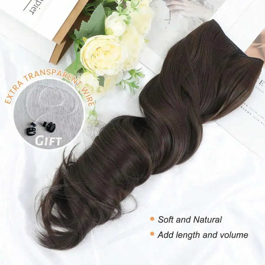 Megito Hair Extensions, 18 Inch Body Wavy Halos Hair Extension, Synthetic Fiber Halos Extensions Hair Extensions Clip In Hairpiece With Transparent Wire Adjustable Size 2 Secure Clips - view 4