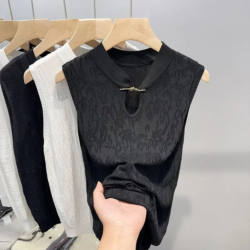 Large hollowed out ice silk vest for women, new Chinese style sleeveless top, slimming  trendy T-shirt