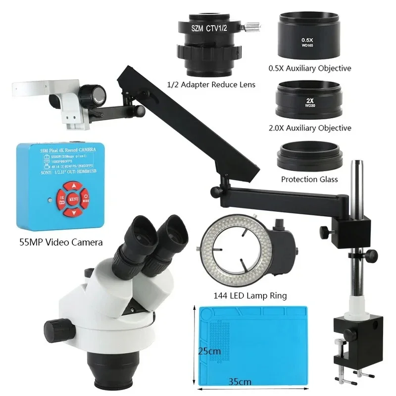 3.5X 7X 45X 90X Parfocal Simul Focal Trinocular Stereo Microscope 55MP 4K 1080P HDMI USB Camera Articulating Arm Pillar Clamp fa
