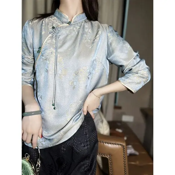 Simulated Silk Women\'s Summer High-end Sense Retro Chinese Style Buckle Fashion Temperament Loose Long Sleeved Stand Collar Shir