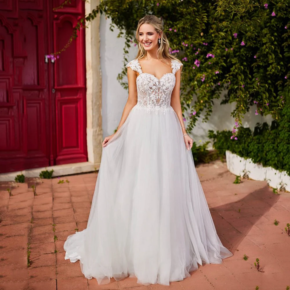 

Lace Wedding Dresses A Line Tulle Bridal Gown Cap Sleeve Illusion Sweetheart Wedding Dress Outdoor Garden Bride Dress Customized