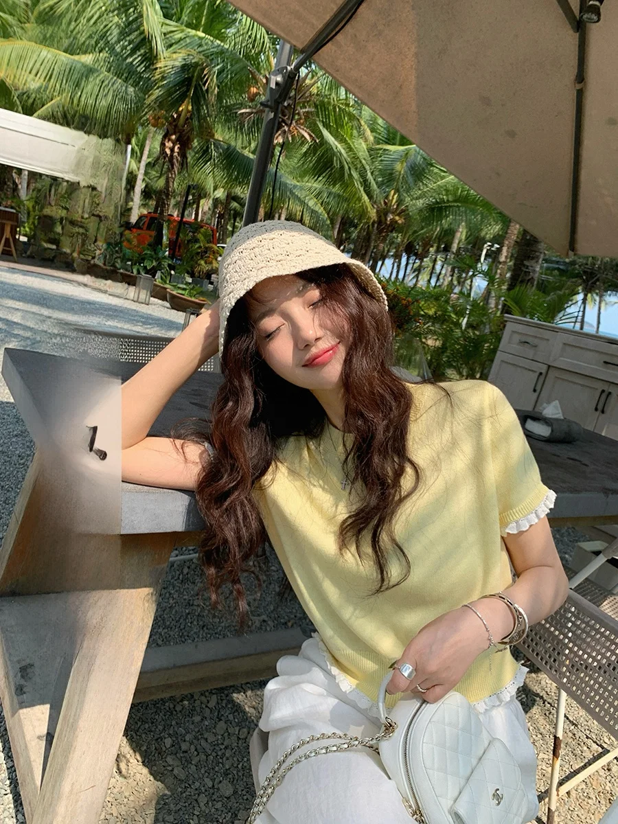 

Belle Zhang 00% Cotton Cute Lace Trim Splice Sve Loose Color Blo round Ne ort Sve Knitted Sweater Women's Faion