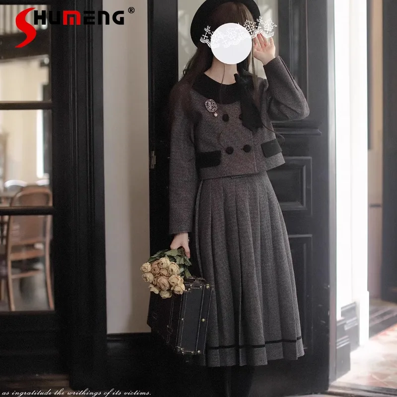 

Japanese Academic Style Retro Doll Collar Woolen Short Coat Pleated Long Skirt Autumn And Winter Gray Jacket Women's Clothing