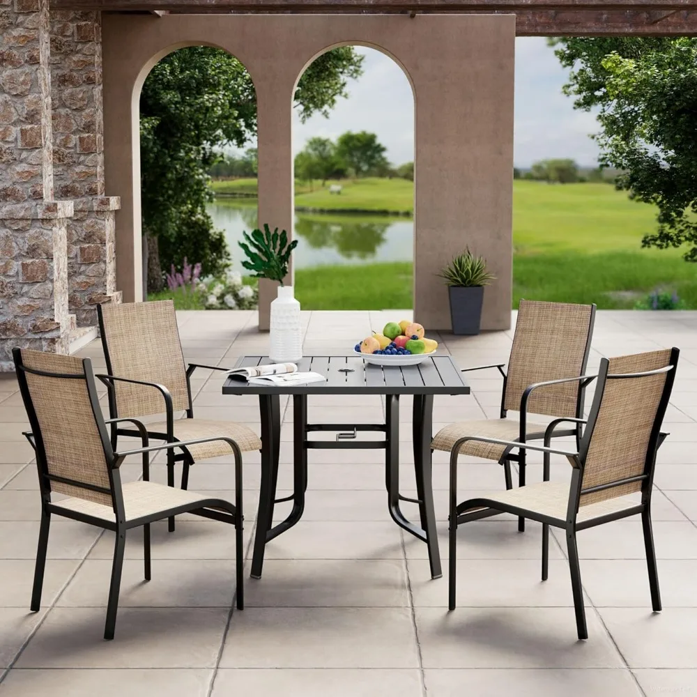 

5 Pieces Patio Dining Table Set, Outdoor Table and Chairs Set for 4, Patio Table with Umbrella Hole, Square Metal Dining