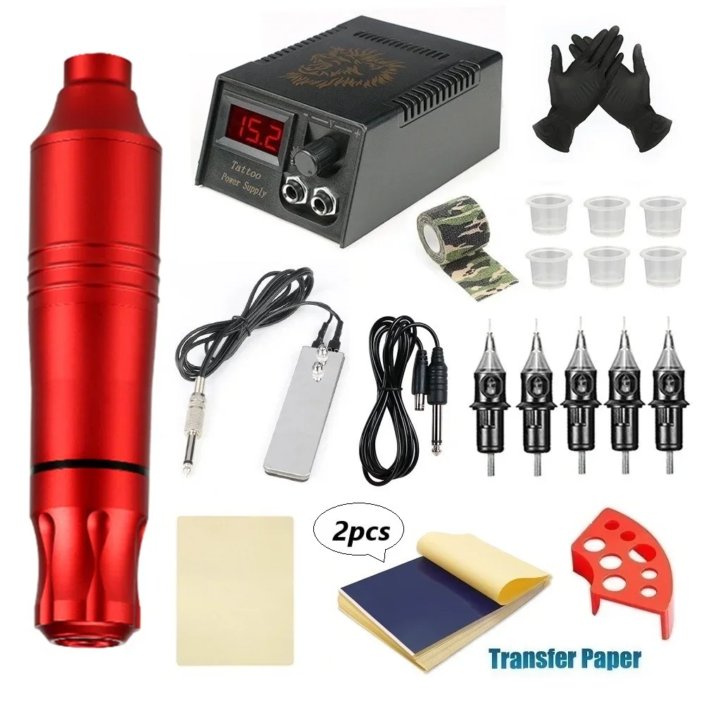 

Полный набор для татуировки Поворотная ручка для татуировки с разъемом постоянного тока, ножной педалью для татуировки, 5 игл для картриджей, держателем для чернильных чашек и тренировочной кожей