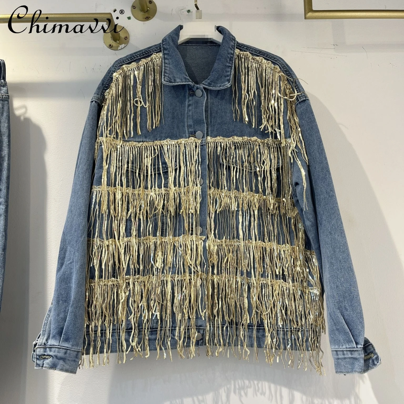

Винтажные потертые синие джинсовые куртки с блестками и кисточками для женщин, осень 202, однобортные свободные повседневные модные пальто, топы