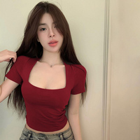 Square Neck Short Sleeve T-Shirt For Women Burgundy Crop Top Hottie Street Wear Basic Top Versatile Casual Summer