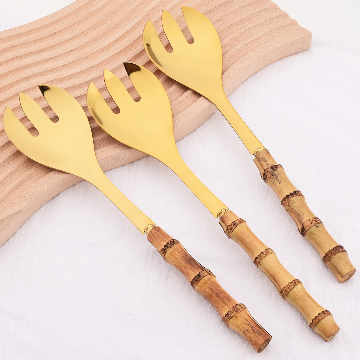 

6Pcs Wood Bamboo Root Handle Cutlery Set Serving Fork Spoon Flatware Stainless Steel Dinnerware Salad Fork Spoon Party Tableware