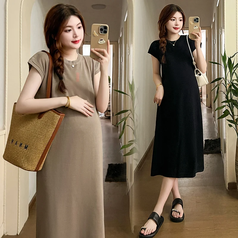 

Korean Style Summer Maternity Knitting Dress Short Sleeve O-Neck Plus Size Pregnant Woman A-Line Dress Casual Pregnancy Clothes