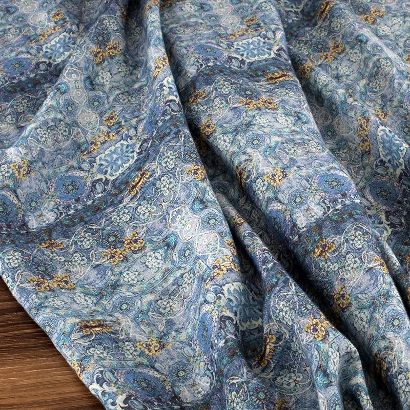 Stone Washed Linen Printing Crafts Fabric Chinese Cheongsam Retro Han Clothing Elegant Blue