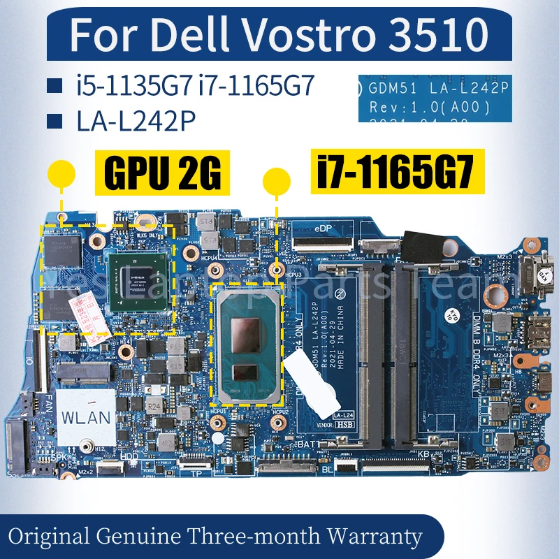 Imagem -02 - Placa-mãe do Portátil para Dell La-l242p para Dell Vostro 3510 Gpu 2g 0v799w 0tn0c6 04h6fv I51135g7 I7-1165g7