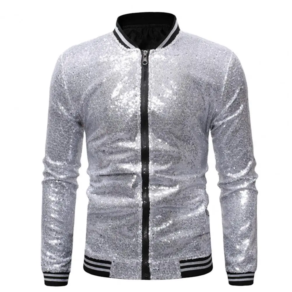 

Men Sequin Jacket Sequin Stage Show Dance Performance Coat for Men with Stand Collar Slim Fit Zipper Closure Shiny Long Sleeves