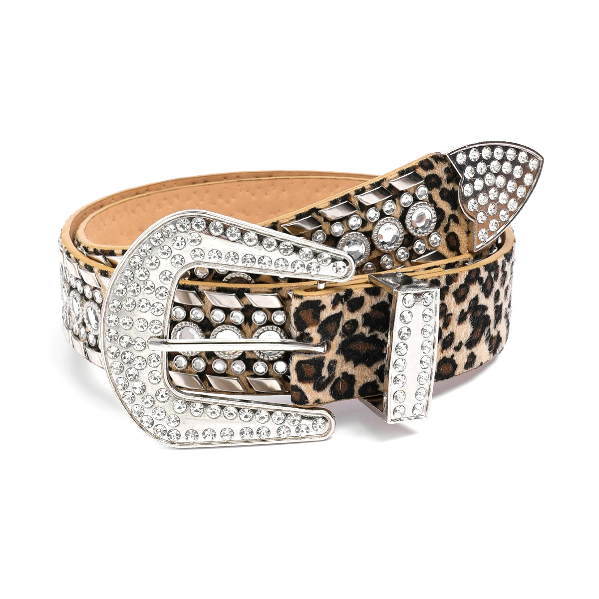 

Fashion Rhinestones Decor Buckle Leopard Shape Western Belts for Women