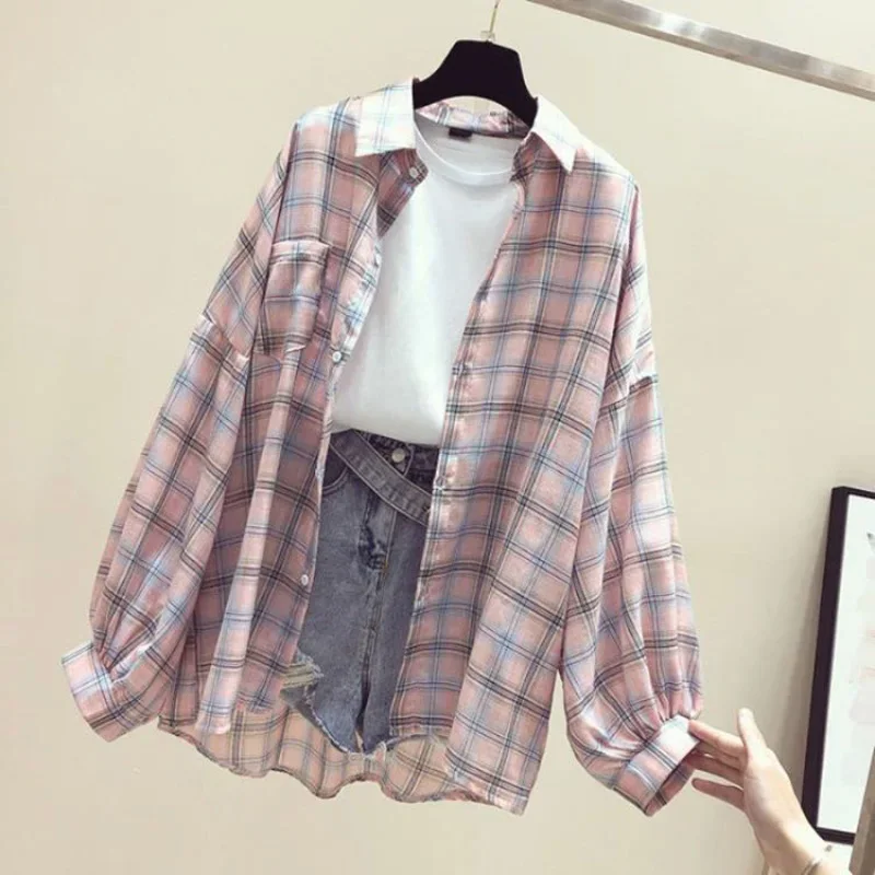 Vintage Plaid Shirts Women Autumn Long Sleeve Oversize Button Up Shirt Korean Fashion Casual Fall Outwear Tops Blusas Mujer 2024