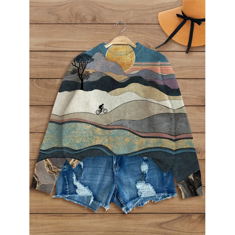 

Hillock Sunset Digital Print Girl Sweater Knit Pullover Warm Soft Loose Crew Neck Long Sleeve Autumn Winter Casual