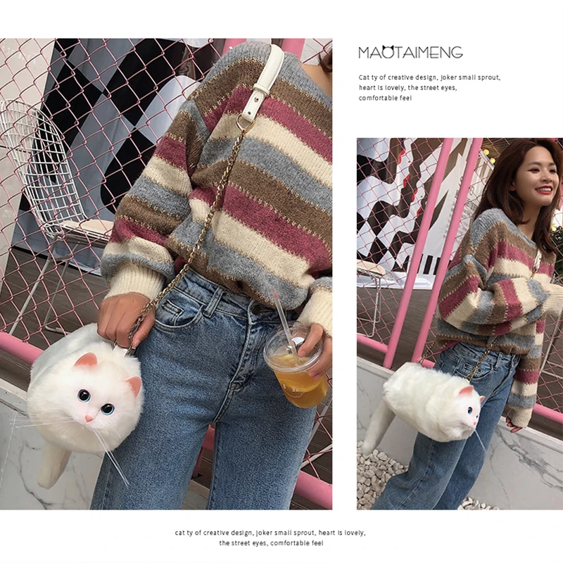 Pure Handmade Simulation Plush Cat Backpack Trendy And Fashionable Doll Cat Bags Cat Shopping Bag Suitable For Birthday Gifts