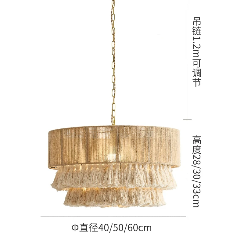 Nordic LED Chandelier with Tassels Hand Woven Hemp Rope Pendant Lights Living Room Bedroom Restaurant Decor Home Hanging Lamps