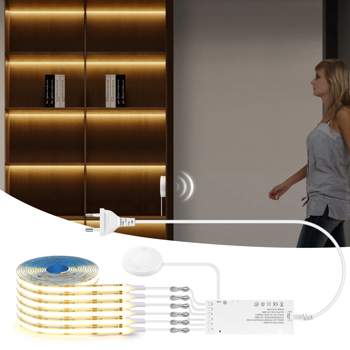 

Wireless Motion Sensor COB Led Strip Light DIY Kitchen Shelf Pantry Showcase Closet Wine Cooler Under Cabinet Backlight Lamp