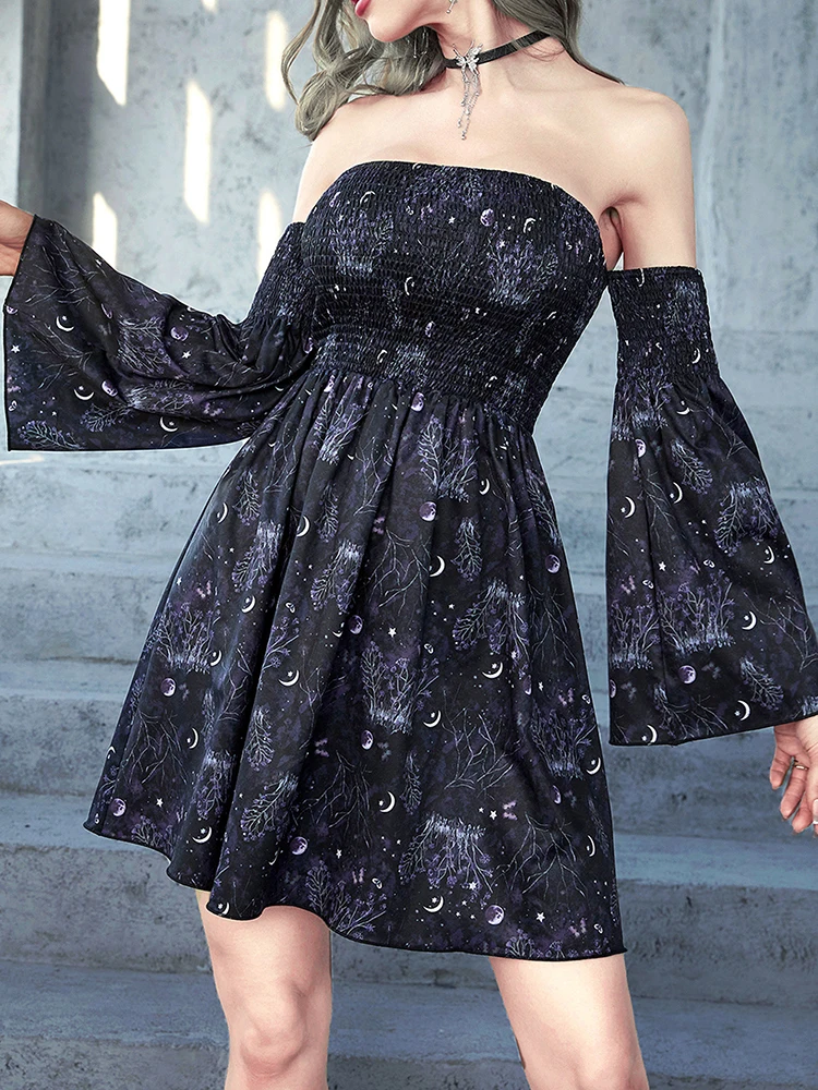 Goth Dark Aesthetic Moon Print Shirring Mini Dresses Grunge Punk Backless Sexy Women Dress Witch Off Shoulder Vintage Alt Clothe