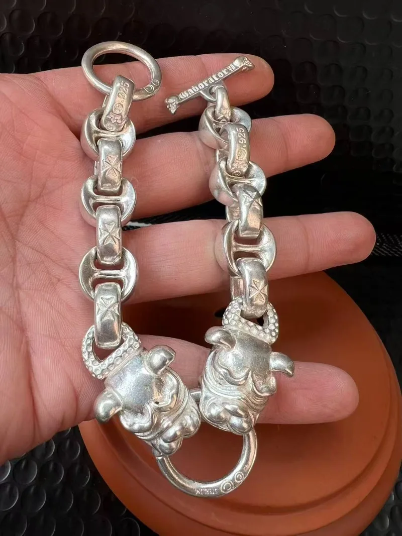

925 Tibetan Silver Hand Cast Dog Statue Bracelet, Unisex Fine Fashion Jewelry, Cool Gift