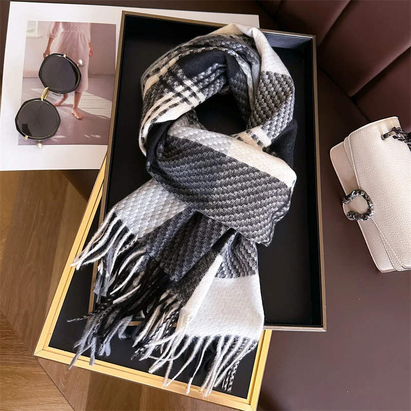 Winter Korean Style Mutilcolor Cashmere Big Checkered Scarf Thick Warm Shawl Women\'s Multi functional Headscarf Tassel Scarf