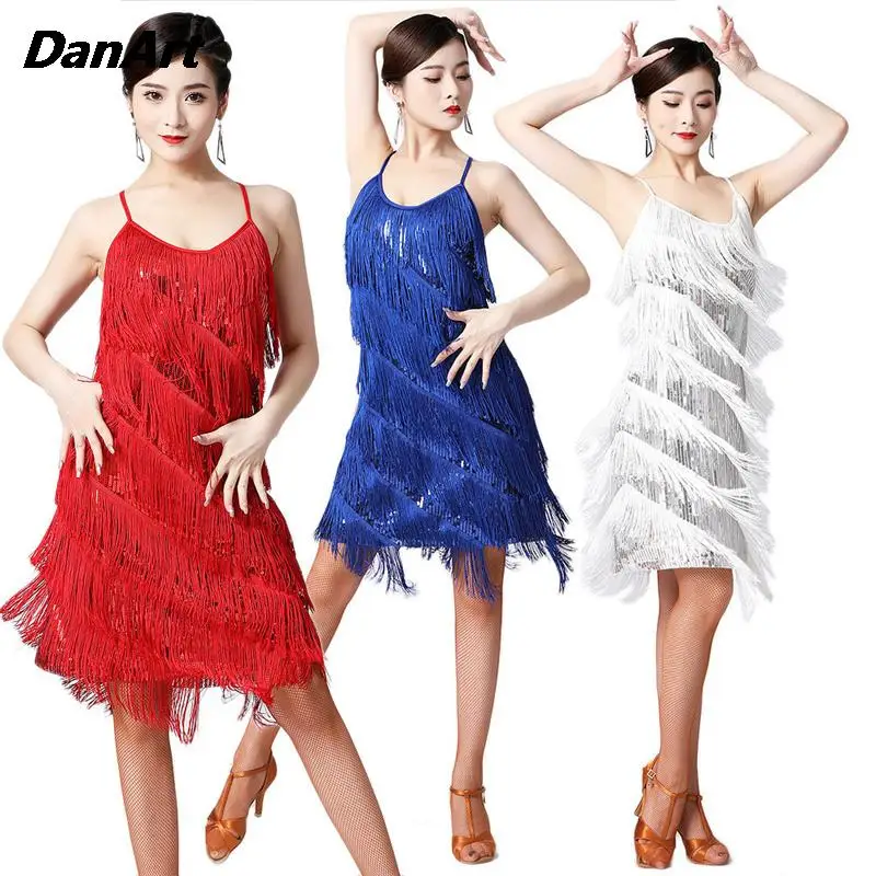 

Latin Dance Sequins Tassel Prom Strap Dress Dress Stage Performance Competition DressTango Ballroom Dancing Costume Plus Size