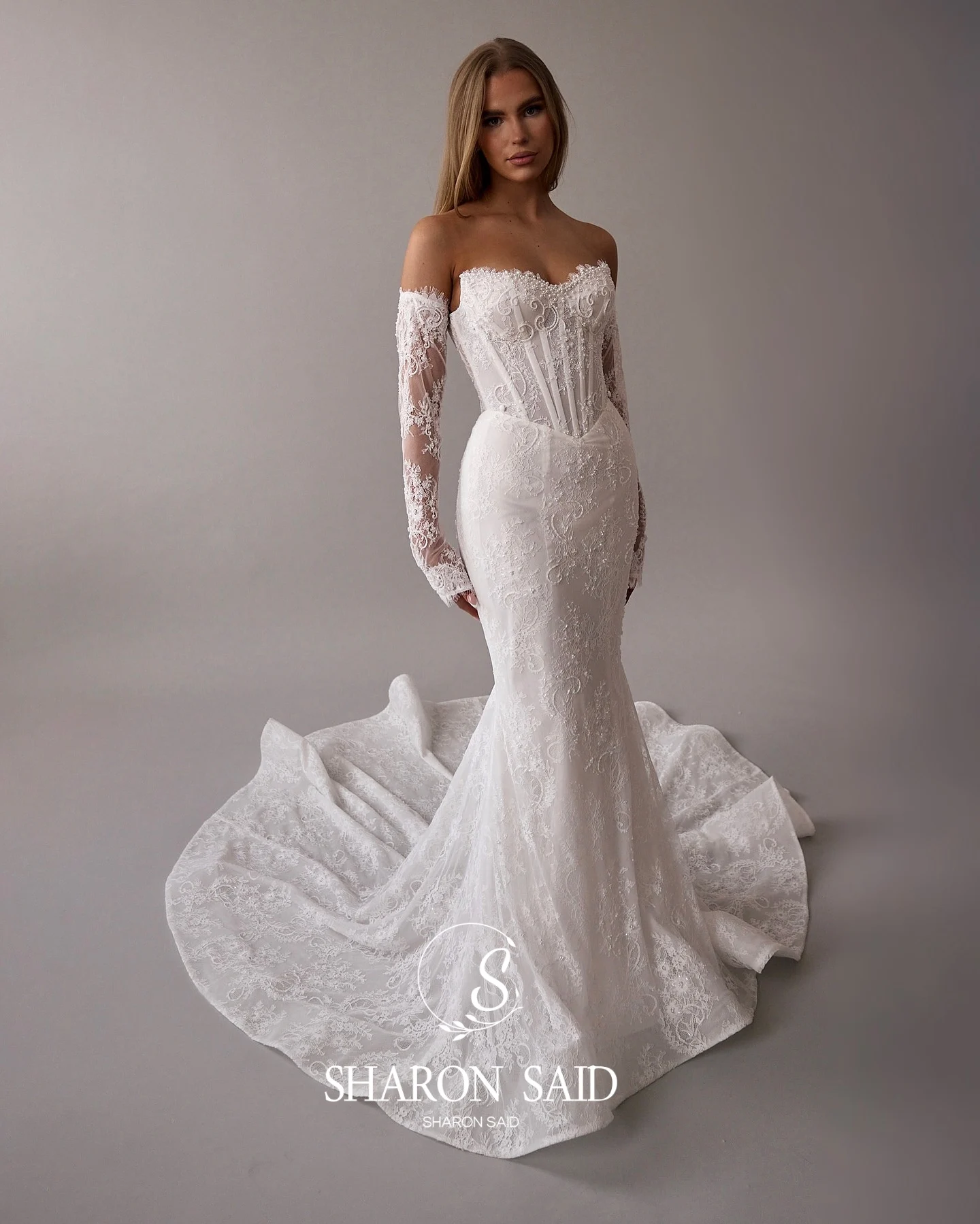 Sharon Said 2025 elegante manga larga sirena vestido de novia de encaje blanco Boho Sexy princesa vestidos de novia SW054 personalizado