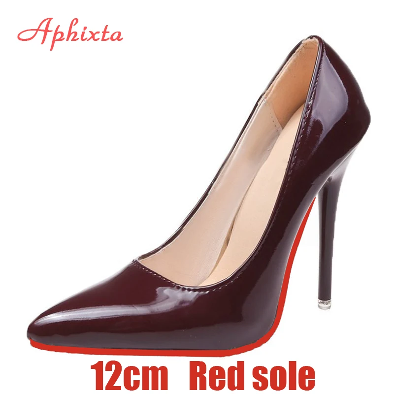 Aphixta 12cm Super High Thin Heels Pumps Women Shoes Pointed Toe Patent Leather Wedding Dress Office Femme Super Big Size 49 50