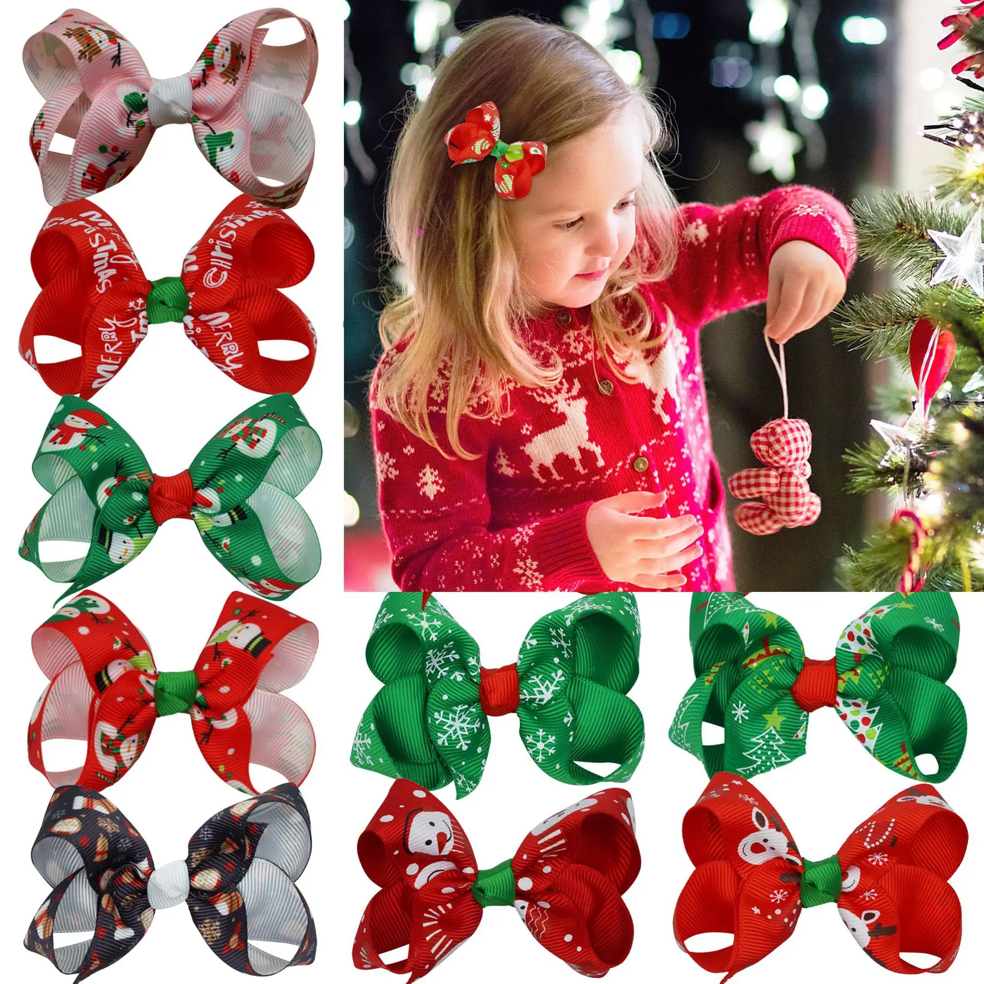 

60pc/lot New 3" Christmas Tree Prints Hair Bow Hair Clips Baby Girls Christmas Bowknot Hairpins Barrette Kid Xmas Party Headwear