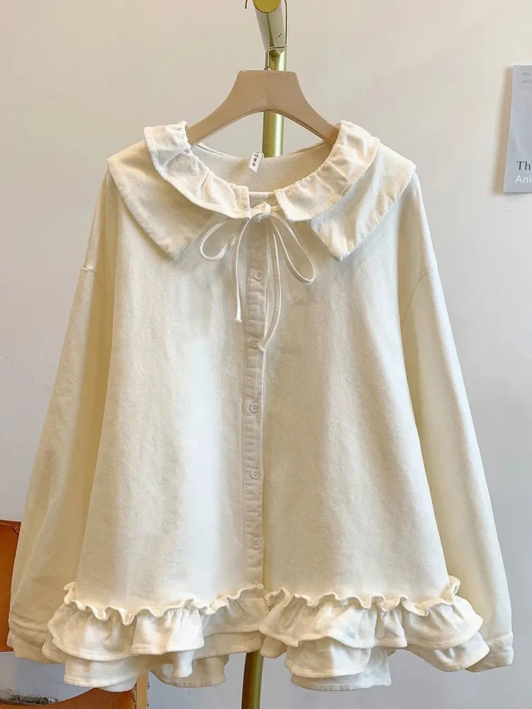 

Ruffles Sweet Corduroy Shirt Women Vintage Preppy Style Cute Bow Blouse Spring Long Sleeve Japan Peter Pan Collar Kawaii Tops