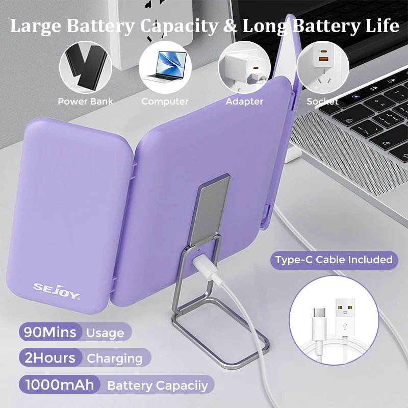 Espelho de maquiagem SEJOY com luzes, espelho de ampliação 1X 3X 7X, controle de toque, espelho de maquiagem com três dobras, espelho de maquiagem LED portátil