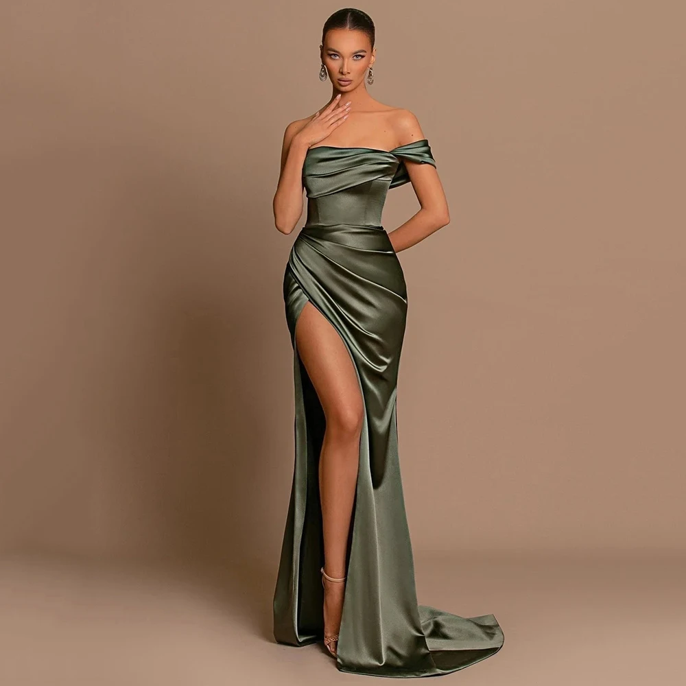 

Yipeisha Fashion Deep Green Mermaid Evening Dress Strapless Sexy Side High-Split One-Shoulder Satin Floor Length Prom Gowns