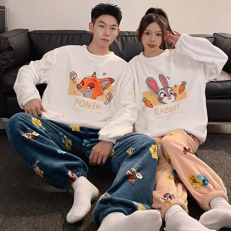 Cartoon Disney couple pajamas winter coral fleece long-sleeved trousers two-piece set loungewear women\'s pajamas loungewear