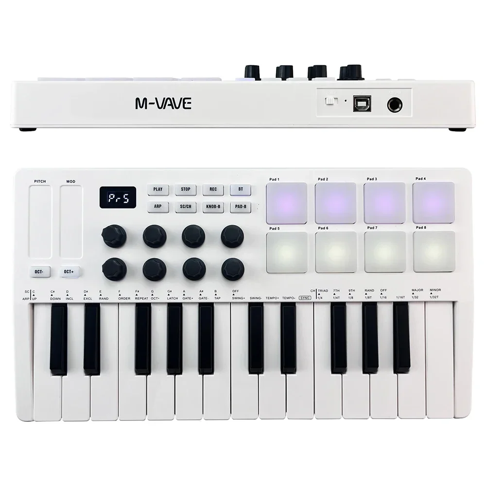 M-VAVE 25 Midi Keyboard Portable USB MIDI Keyboard Controller with 8 Backlit Drum Pads 8 Knobs 8 RGB Sensitive Keys