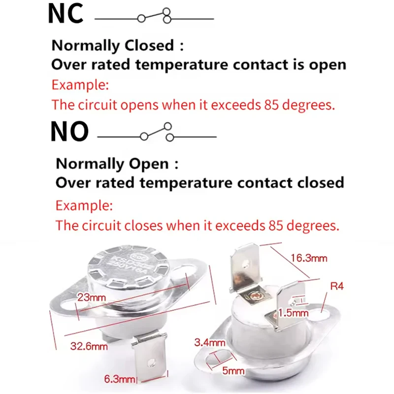 10PCS Temperature Control Switch Small Temperature Controller KSD302 NC NO 25 40 50 60 -150 250V 16A Overheat Protector